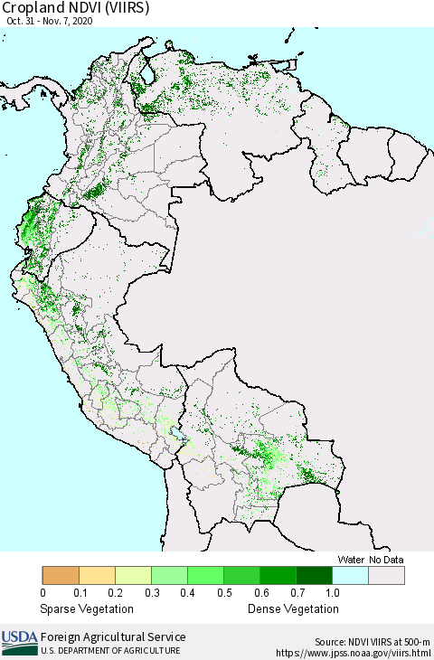 Northern South America Cropland NDVI (VIIRS) Thematic Map For 11/1/2020 - 11/10/2020