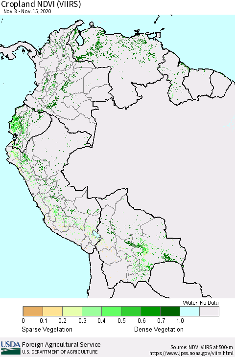 Northern South America Cropland NDVI (VIIRS) Thematic Map For 11/11/2020 - 11/20/2020