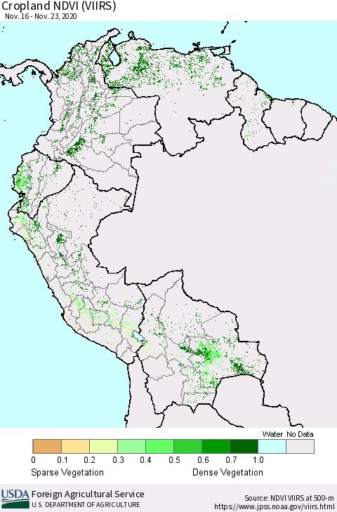 Northern South America Cropland NDVI (VIIRS) Thematic Map For 11/21/2020 - 11/30/2020