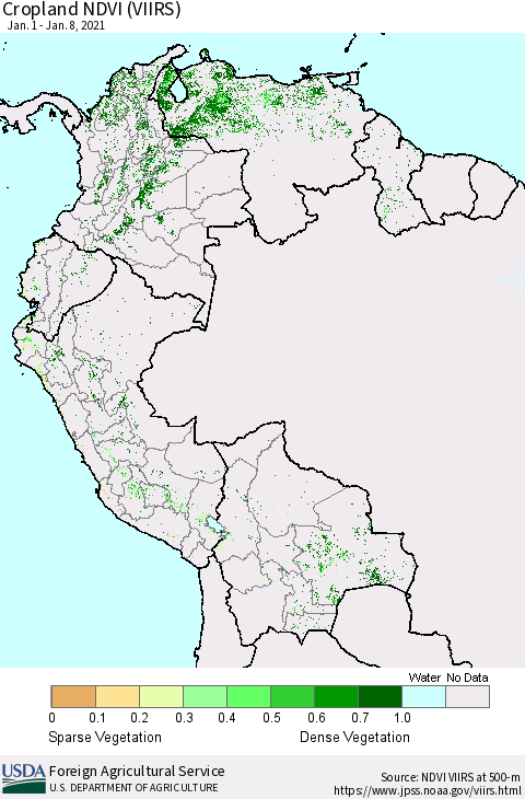 Northern South America Cropland NDVI (VIIRS) Thematic Map For 1/1/2021 - 1/10/2021