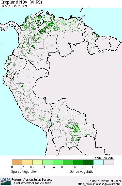Northern South America Cropland NDVI (VIIRS) Thematic Map For 1/21/2021 - 1/31/2021