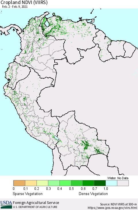 Northern South America Cropland NDVI (VIIRS) Thematic Map For 2/1/2021 - 2/10/2021