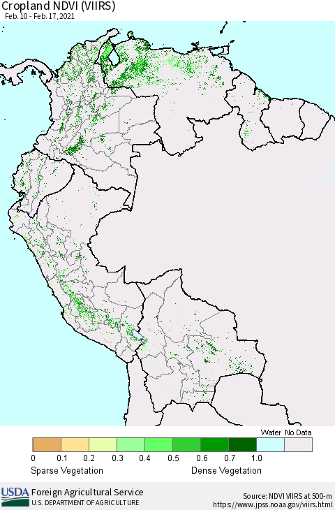 Northern South America Cropland NDVI (VIIRS) Thematic Map For 2/11/2021 - 2/20/2021