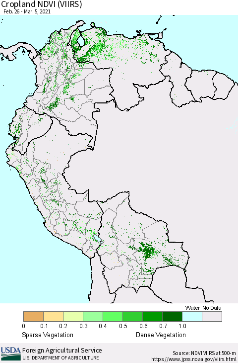 Northern South America Cropland NDVI (VIIRS) Thematic Map For 3/1/2021 - 3/10/2021