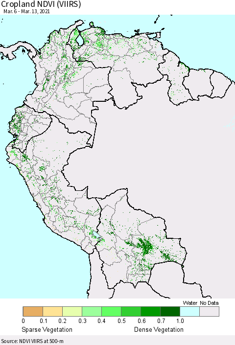 Northern South America Cropland NDVI (VIIRS) Thematic Map For 3/6/2021 - 3/13/2021
