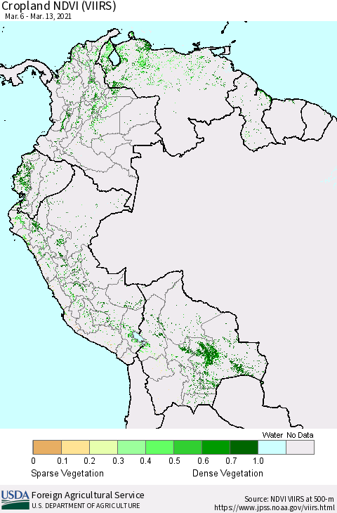 Northern South America Cropland NDVI (VIIRS) Thematic Map For 3/11/2021 - 3/20/2021
