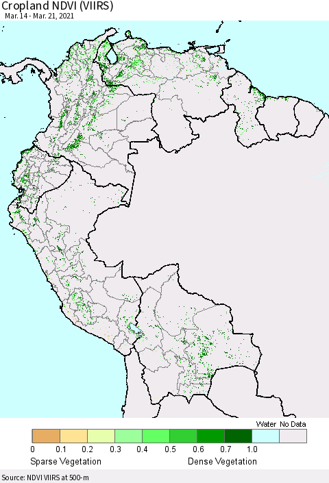 Northern South America Cropland NDVI (VIIRS) Thematic Map For 3/14/2021 - 3/21/2021
