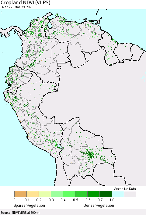 Northern South America Cropland NDVI (VIIRS) Thematic Map For 3/22/2021 - 3/29/2021