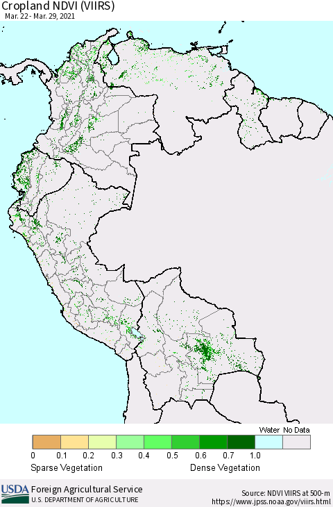 Northern South America Cropland NDVI (VIIRS) Thematic Map For 3/21/2021 - 3/31/2021