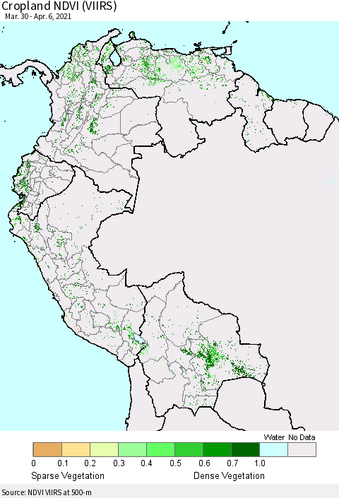 Northern South America Cropland NDVI (VIIRS) Thematic Map For 3/30/2021 - 4/6/2021