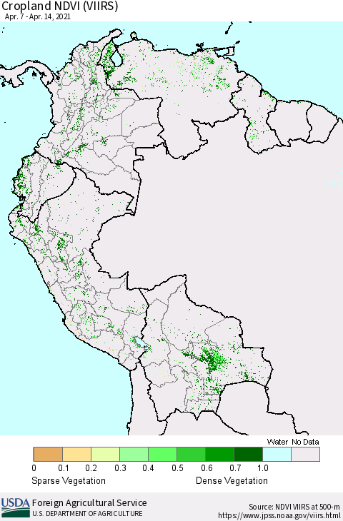 Northern South America Cropland NDVI (VIIRS) Thematic Map For 4/11/2021 - 4/20/2021