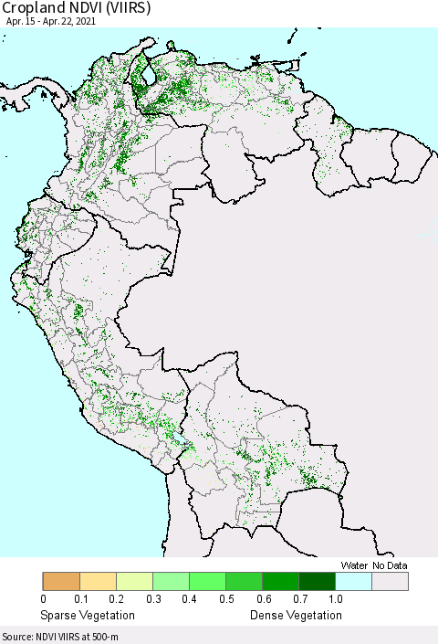 Northern South America Cropland NDVI (VIIRS) Thematic Map For 4/15/2021 - 4/22/2021