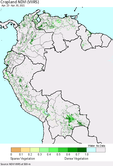 Northern South America Cropland NDVI (VIIRS) Thematic Map For 4/21/2021 - 4/30/2021