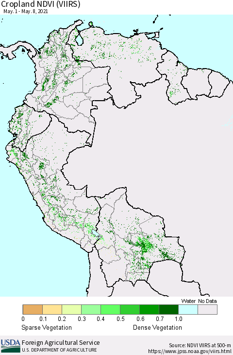 Northern South America Cropland NDVI (VIIRS) Thematic Map For 5/1/2021 - 5/10/2021