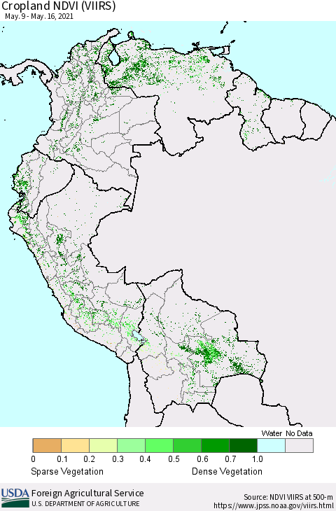 Northern South America Cropland NDVI (VIIRS) Thematic Map For 5/11/2021 - 5/20/2021