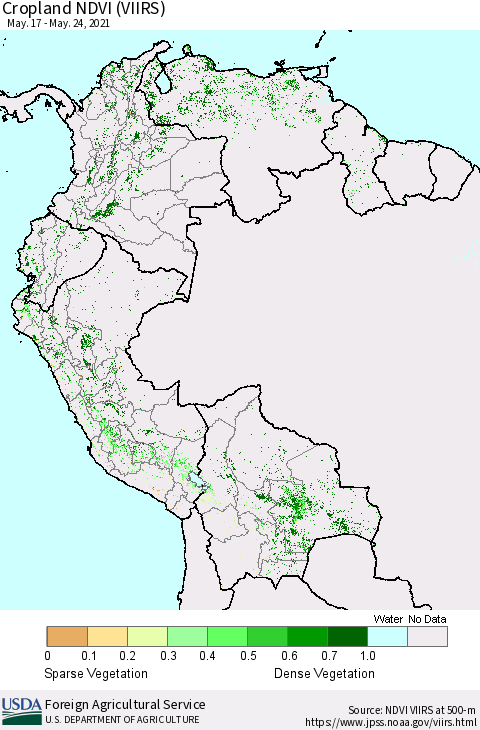 Northern South America Cropland NDVI (VIIRS) Thematic Map For 5/21/2021 - 5/31/2021