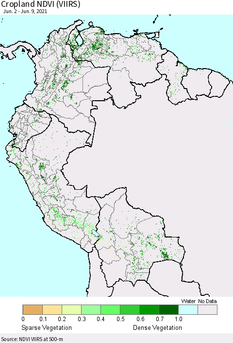 Northern South America Cropland NDVI (VIIRS) Thematic Map For 6/2/2021 - 6/9/2021