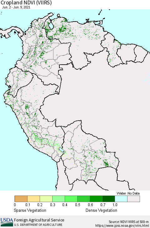 Northern South America Cropland NDVI (VIIRS) Thematic Map For 6/1/2021 - 6/10/2021