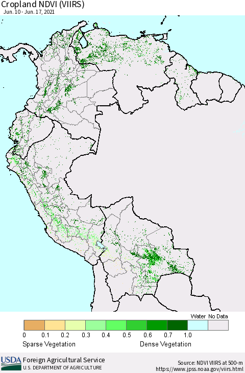 Northern South America Cropland NDVI (VIIRS) Thematic Map For 6/11/2021 - 6/20/2021