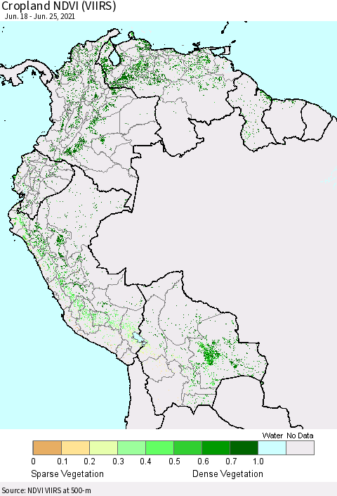 Northern South America Cropland NDVI (VIIRS) Thematic Map For 6/18/2021 - 6/25/2021