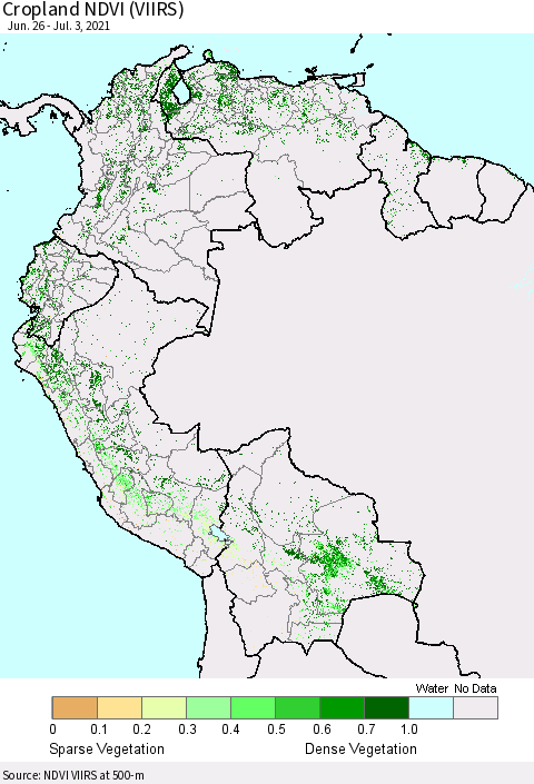 Northern South America Cropland NDVI (VIIRS) Thematic Map For 6/26/2021 - 7/3/2021