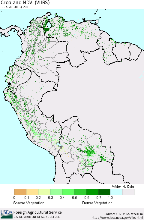 Northern South America Cropland NDVI (VIIRS) Thematic Map For 7/1/2021 - 7/10/2021
