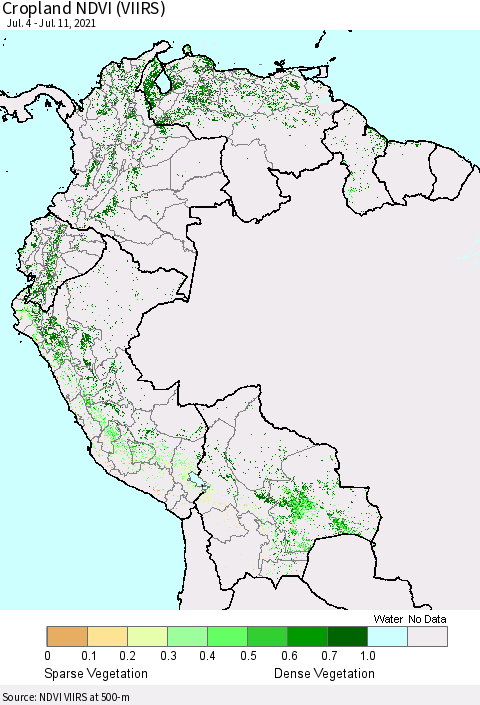 Northern South America Cropland NDVI (VIIRS) Thematic Map For 7/4/2021 - 7/11/2021