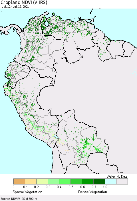 Northern South America Cropland NDVI (VIIRS) Thematic Map For 7/12/2021 - 7/19/2021