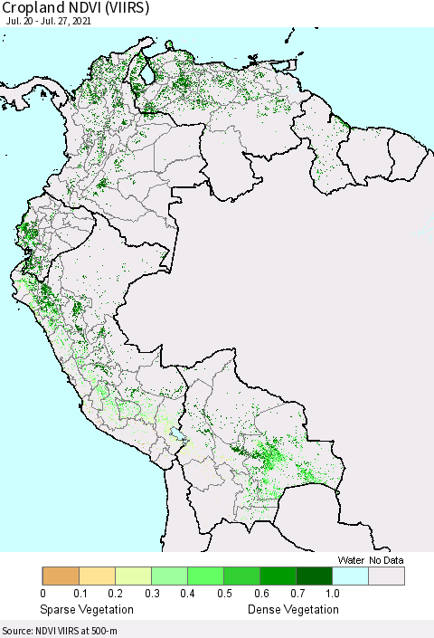 Northern South America Cropland NDVI (VIIRS) Thematic Map For 7/20/2021 - 7/27/2021