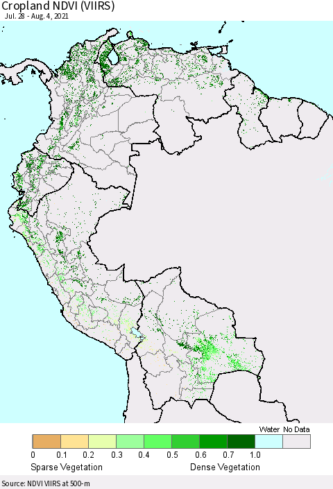 Northern South America Cropland NDVI (VIIRS) Thematic Map For 7/28/2021 - 8/4/2021