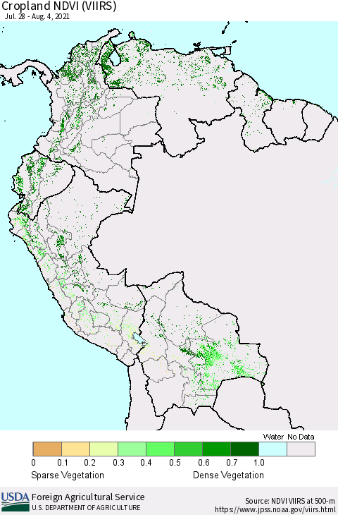 Northern South America Cropland NDVI (VIIRS) Thematic Map For 8/1/2021 - 8/10/2021