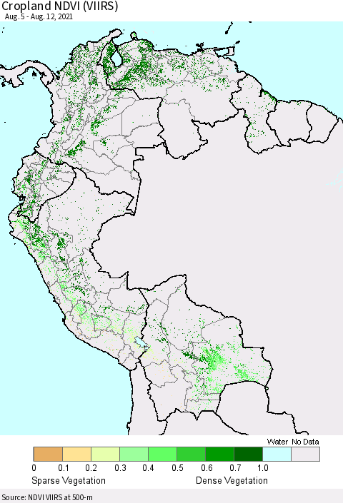 Northern South America Cropland NDVI (VIIRS) Thematic Map For 8/5/2021 - 8/12/2021