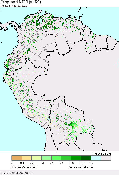 Northern South America Cropland NDVI (VIIRS) Thematic Map For 8/11/2021 - 8/20/2021