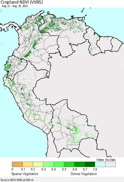 Northern South America Cropland NDVI (VIIRS) Thematic Map For 8/21/2021 - 8/28/2021