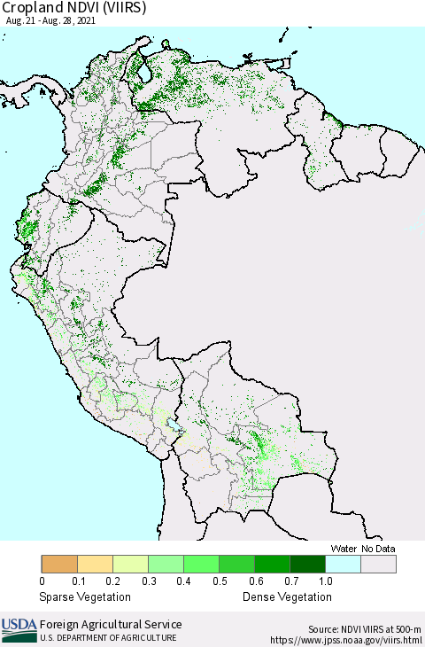 Northern South America Cropland NDVI (VIIRS) Thematic Map For 8/21/2021 - 8/31/2021