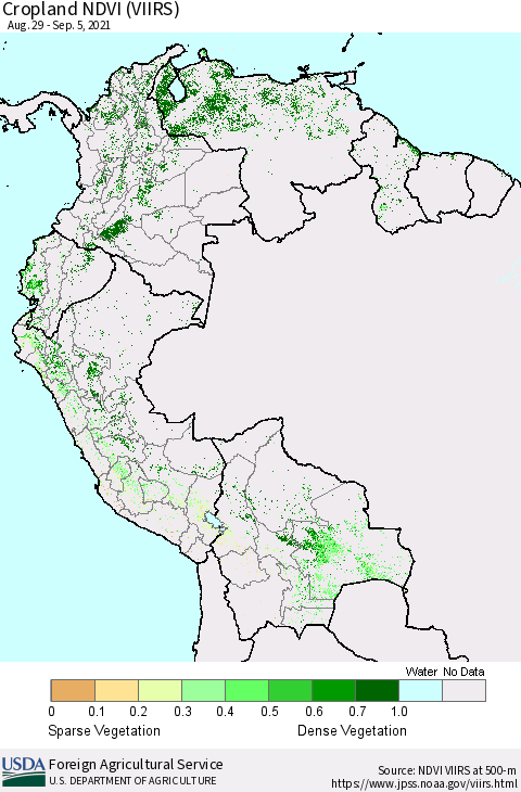 Northern South America Cropland NDVI (VIIRS) Thematic Map For 9/1/2021 - 9/10/2021