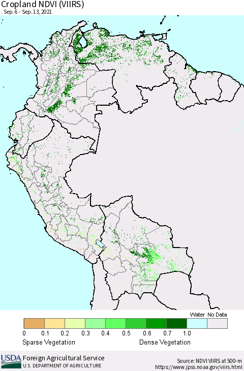 Northern South America Cropland NDVI (VIIRS) Thematic Map For 9/11/2021 - 9/20/2021