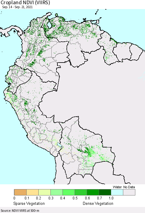 Northern South America Cropland NDVI (VIIRS) Thematic Map For 9/14/2021 - 9/21/2021