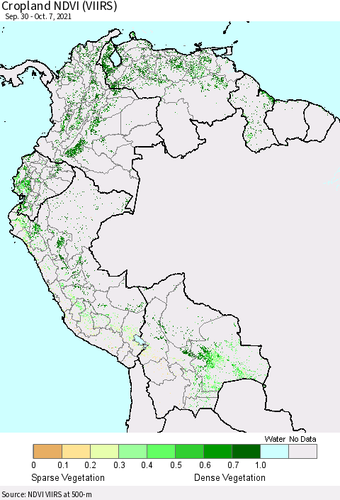 Northern South America Cropland NDVI (VIIRS) Thematic Map For 9/30/2021 - 10/7/2021