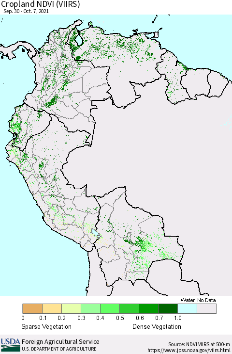 Northern South America Cropland NDVI (VIIRS) Thematic Map For 10/1/2021 - 10/10/2021