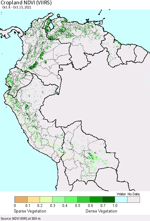 Northern South America Cropland NDVI (VIIRS) Thematic Map For 10/8/2021 - 10/15/2021