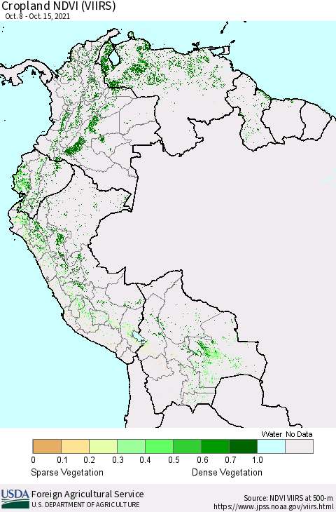 Northern South America Cropland NDVI (VIIRS) Thematic Map For 10/11/2021 - 10/20/2021
