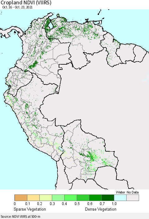 Northern South America Cropland NDVI (VIIRS) Thematic Map For 10/16/2021 - 10/23/2021