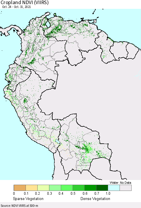 Northern South America Cropland NDVI (VIIRS) Thematic Map For 10/21/2021 - 10/31/2021