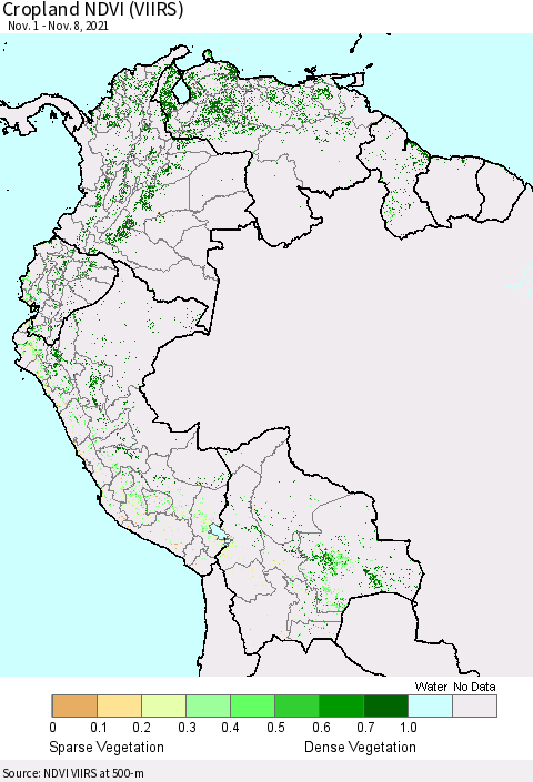 Northern South America Cropland NDVI (VIIRS) Thematic Map For 11/1/2021 - 11/8/2021