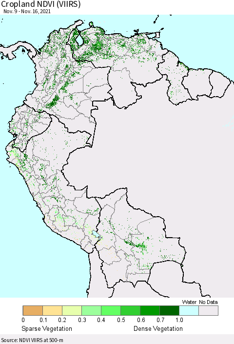 Northern South America Cropland NDVI (VIIRS) Thematic Map For 11/9/2021 - 11/16/2021