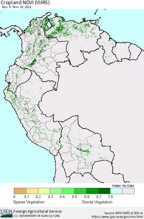Northern South America Cropland NDVI (VIIRS) Thematic Map For 11/11/2021 - 11/20/2021