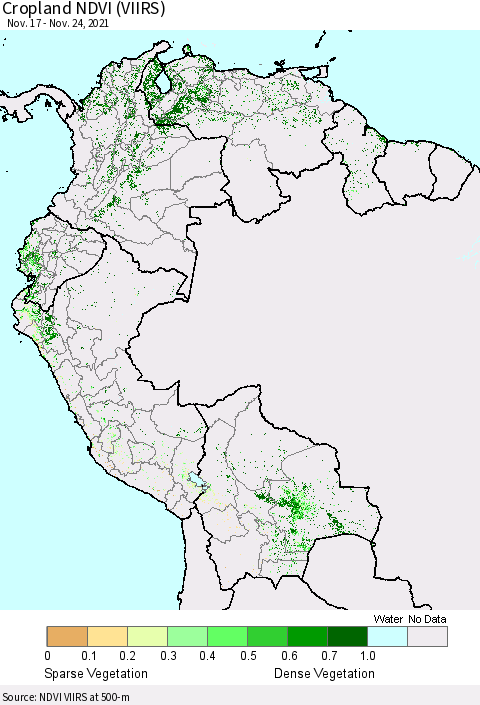 Northern South America Cropland NDVI (VIIRS) Thematic Map For 11/17/2021 - 11/24/2021