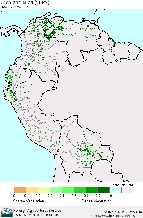 Northern South America Cropland NDVI (VIIRS) Thematic Map For 11/21/2021 - 11/30/2021