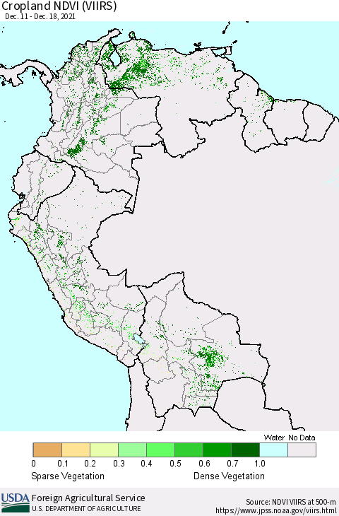 Northern South America Cropland NDVI (VIIRS) Thematic Map For 12/11/2021 - 12/20/2021